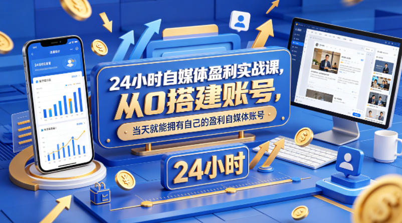 24小时自媒体盈利实战课，从0搭建账号，当天就能拥有自己的盈利自媒体账号-闲赋网