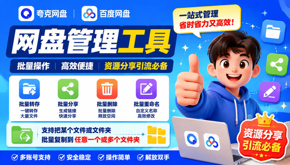 夸克网盘批量文件重命名，批量转存、批量分享、批量复制，内置AI功能-闲赋网