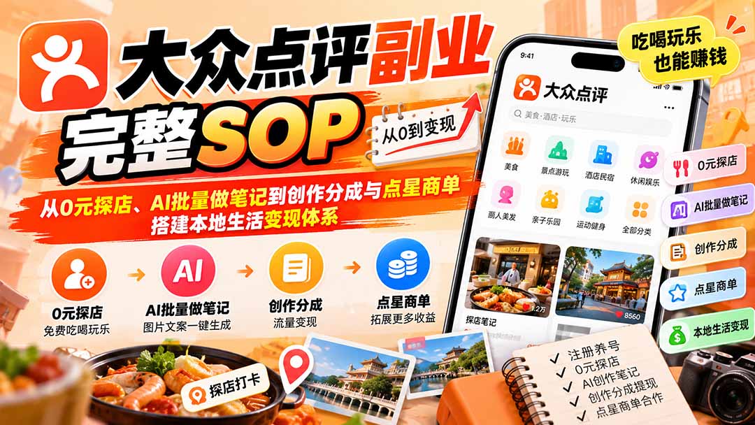 63667a11a21132446f5c84469396c423.jpeg 【无水印】大众点评副业完整SOP:从0元探店、AI批量做笔记到创作分成与点星商单,搭建本地生活变现体系