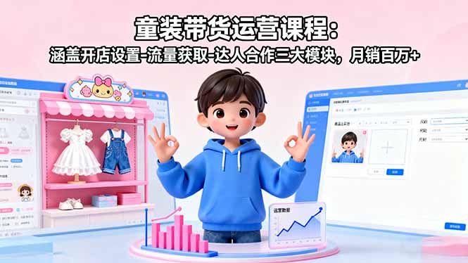 童装带货运营课程：涵盖开店设置-流量获取-达人合作三大模块，月销百万+-闲赋网