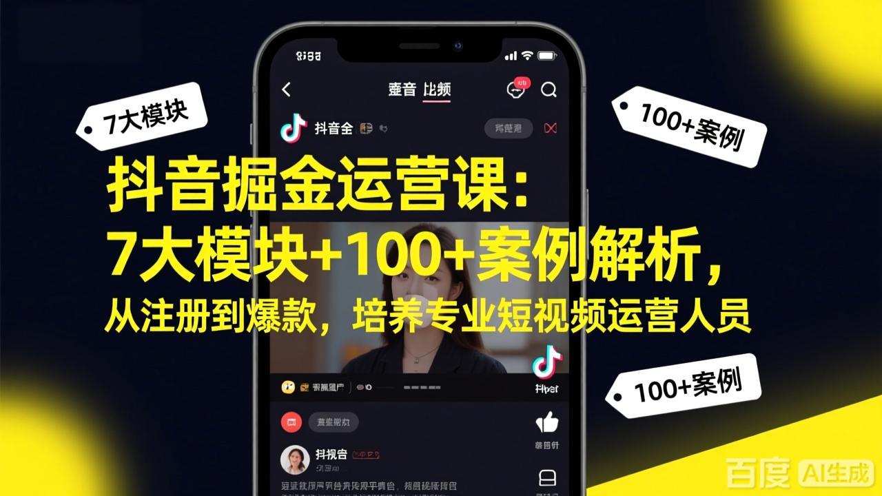 抖音掘金运营课：7大模块+100+案例解析，从注册到爆款，培养专业短视频运营人员-闲赋网