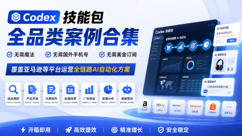 Codex技能包全品类案例合集，无需魔法、无需国外手机号、无需美金订阅，覆盖亚马逊等平台运营全链路AI自动化方案-闲赋网