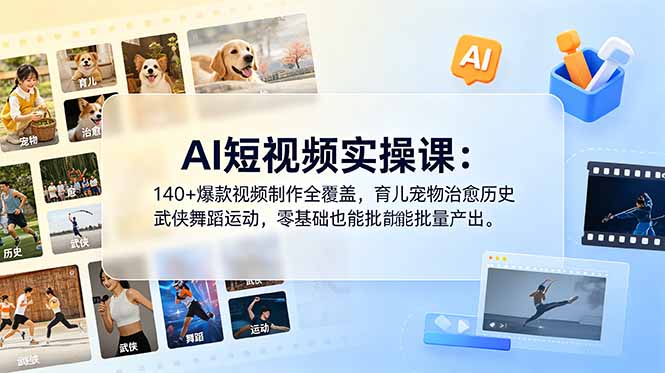 AI短视频实操课：140+爆款视频制作全覆盖，育儿宠物治愈历史武侠舞蹈运动，零基础也能批量产出-闲赋网
