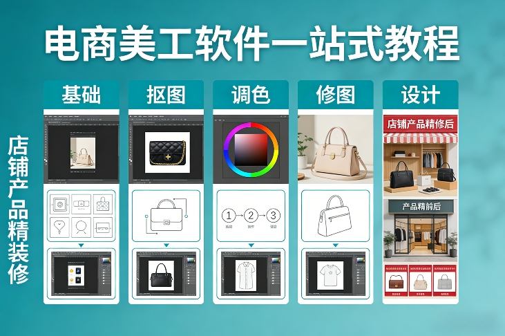 电商美工软件一站式教程，基础/抠图/调色/修图/设计，店铺产品精装修-闲赋网