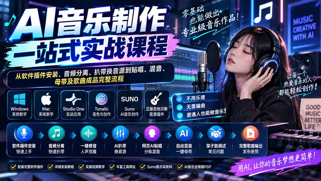 AI音乐制作一站式实战课程：从软件插件安装、音频分离、扒带换音源到贴唱、混音、母带及歌曲成品完整流程-闲赋网