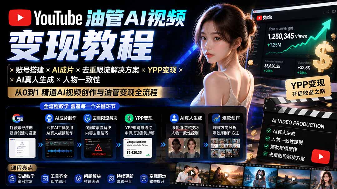 660855a8cd3b051bca93b8f8bfe3034a.jpeg YouTube油管AI视频变现教程-更新0926:账号搭建×AI成片×去重限流解决方案×YPP变现×AI真人生成×人物一致性