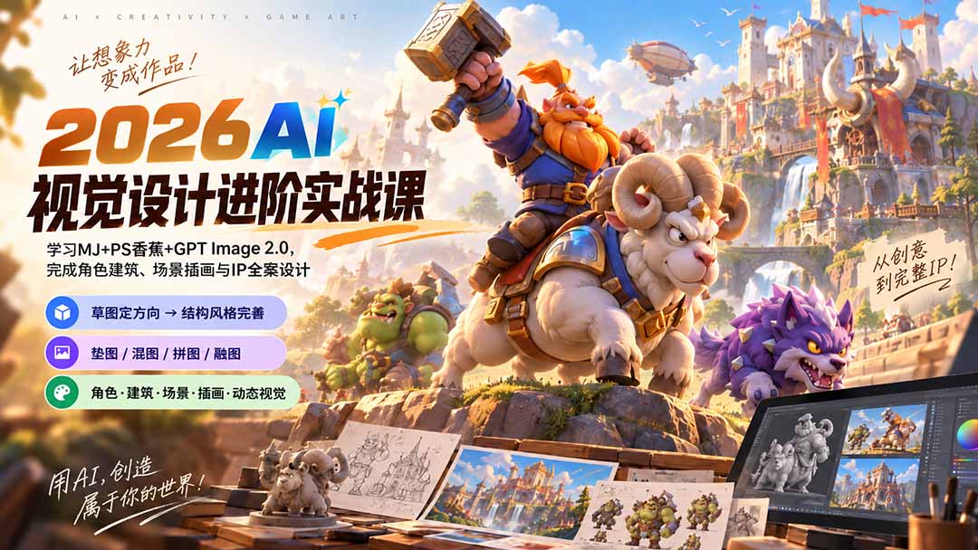 669668a201dddfa2956f8abc5608ea0a.jpeg 2026AI视觉设计进阶实战课-更新:学习MJ+PS香蕉+GPT Image 2.0,完成角色建筑、场景插画与IP全案设计