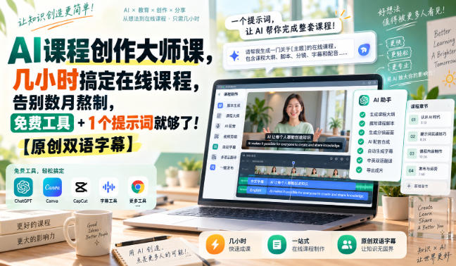673a65839135a1c882eb13ff04dc2af6.jpeg AI课程创作大师课,几小时搞定在线课程,告别数月熬制,免费工具+1个提示词就够了!【原创双语字幕】