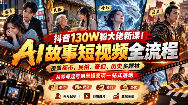 抖音130W粉大佬新课！AI故事短视频全流程，覆盖都市、民俗、奇幻、历史多题材，从养号起号到剪辑变现一站式落地-闲赋网
