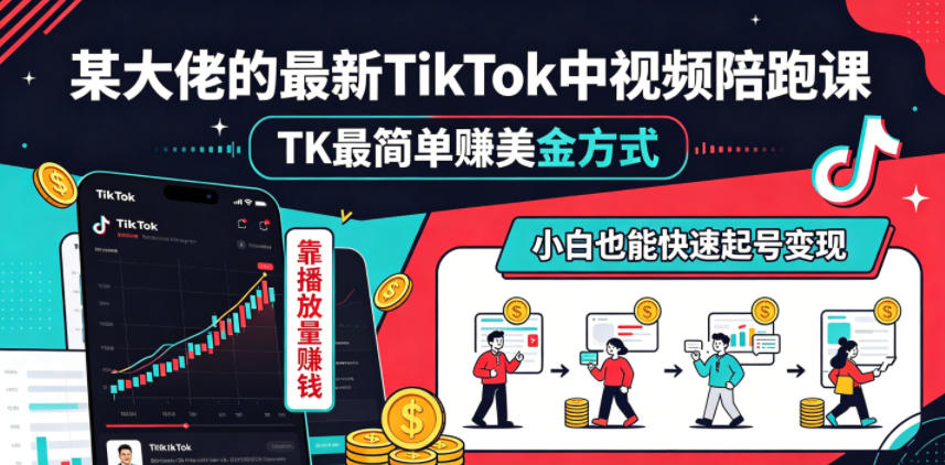 某大佬的最新TikTok中视频陪跑课，TK最简单賺美金方式，靠播放量賺钱，小白也能快速起号变现-闲赋网