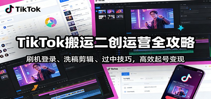 TikTok搬运二创运营全攻略：刷机登录、洗稿剪辑 、过中技巧，高效起号变现-闲赋网