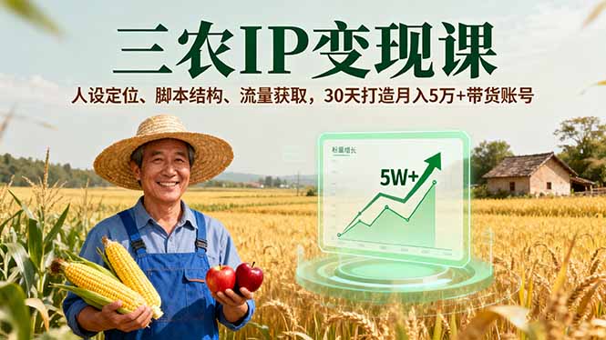 三农IP变现课，人设定位、脚本结构、流量获取，30天打造月入5万+带货账号-闲赋网