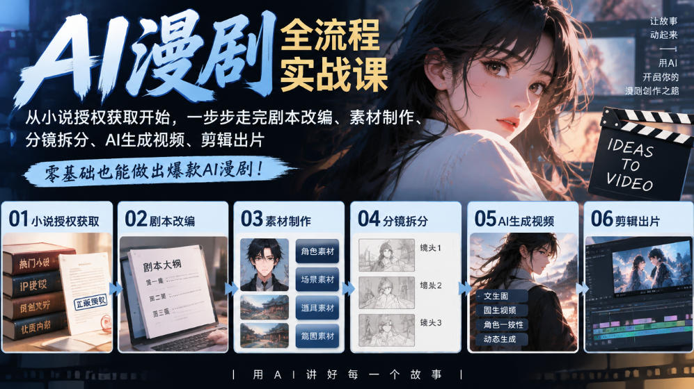 AI漫剧全流程实战课｜从小说授权获取开始，一步步走完剧本改编、素材制作、分镜拆分、AI生成视频、剪辑出片全流程-闲赋网