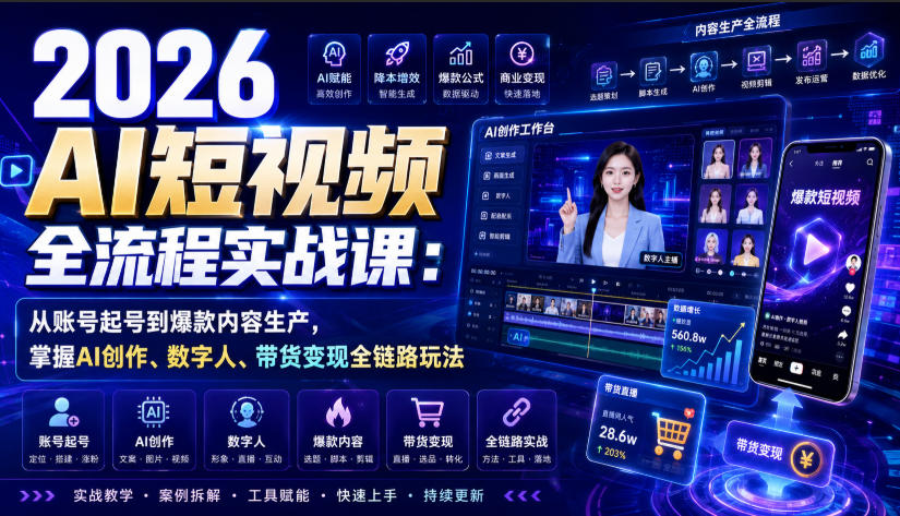 6cb181728a2bb19306545206c63b2a6d.jpeg 2026 AI短视频全流程实战课:从账号起号到爆款内容生产,掌握AI创作、数字人、带货变现全链路玩法