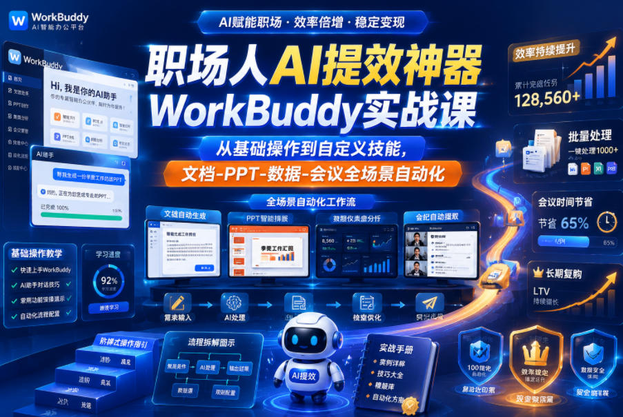 704a74dac7cb85c29683b4e23e1bde26.jpeg 职场人AI提效神器WorkBuddy实战课,从基础操作到自定义技能,文档-PPT-数据-会议全场景自动化