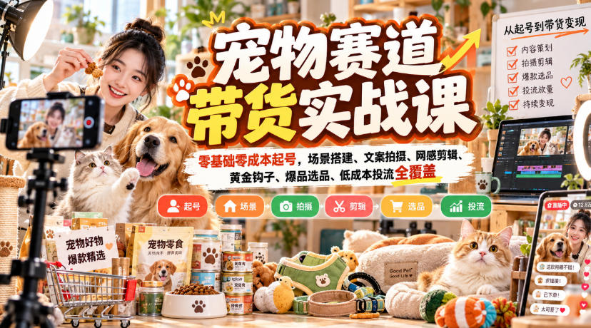 宠物赛道带货实战课，零基础零成本起号，场景搭建、文案拍摄、网感剪辑、黄金钩子、爆品选品、低成本投流全覆盖-闲赋网