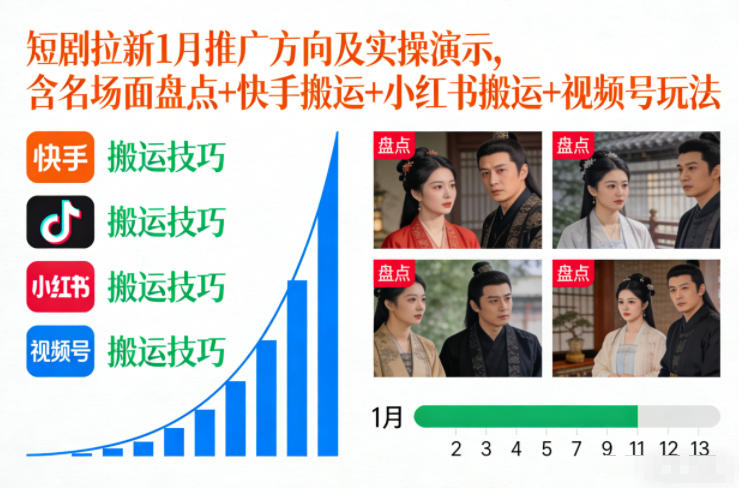71470d89d7f2da375533b851c0948094.jpeg 短剧拉新1月推广方向及实操演示,含名场面盘点+快手搬运+小红书搬运+视频号玩法
