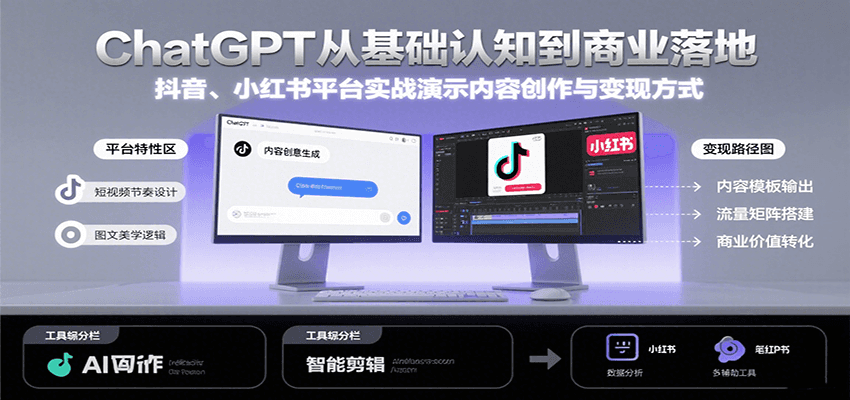 ChatGPT从基础认知到商业落地，实战演示抖音、小红书等平台的内容创作与变现-闲赋网
