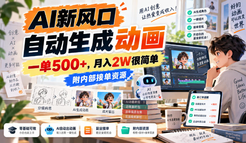 AI新风口，自动生成动画，一单500+，月入2W很简单，附内部接单资源【揭秘】-闲赋网