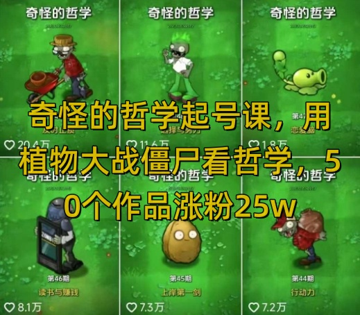 奇怪的哲学起号课，用植物大战僵尸看哲学，50个作品涨粉25w，暴力撸收益，全平台均可发布-闲赋网