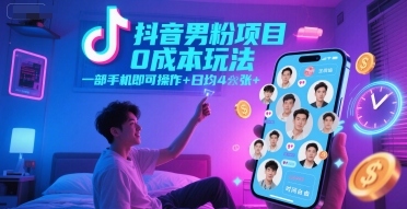 抖音男粉项目0成本玩法，一部手机即可操作，日均4张+，时间自由-闲赋网