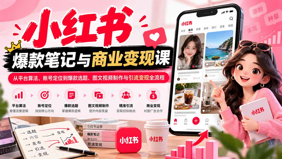 2026小红书爆款笔记与商业变现课：从平台算法、账号定位到爆款选题、图文视频制作与引流变现全流程-闲赋网