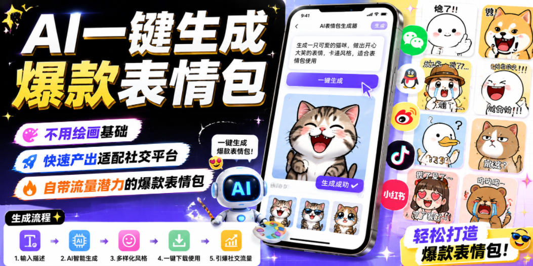 7516c46fd950ec35dd7cf125df482f95.jpeg AI一键生成爆款表情包,不用绘画基础,快速产出适配社交平台,自带流量潜力的爆款表情包