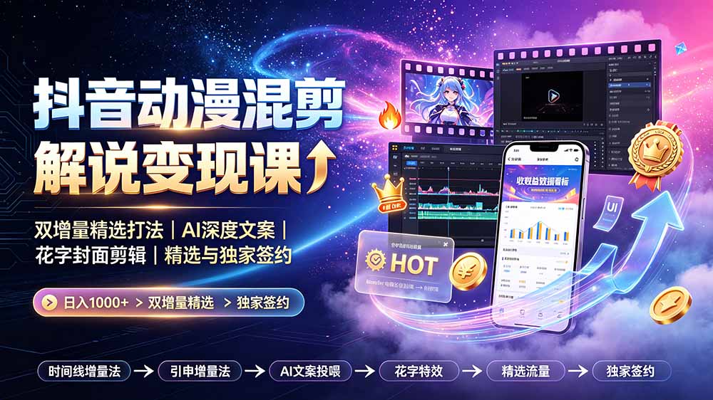 76b99b85a88b0d48d3ae43582a4b092f.jpeg 抖音动漫混剪解说变现课:双增量精选打法|AI深度文案|花字封面剪辑| 精选与独家签约日入1000+
