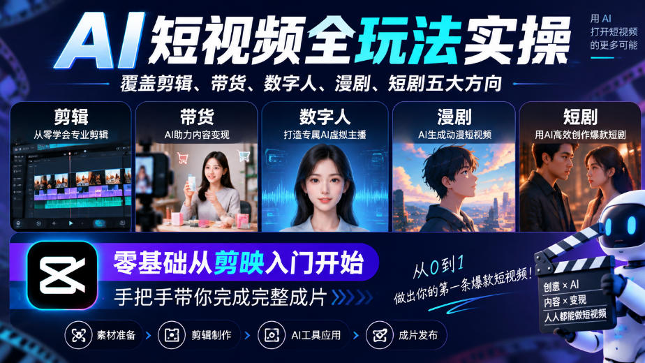 7769934deb9a9d2d377ddc7c1124a92a.jpeg AI短视频全玩法实操,覆盖剪辑、带货、数字人、漫剧、短剧五大方向,零基础从剪映入门开始,手把手带你完成完整成片