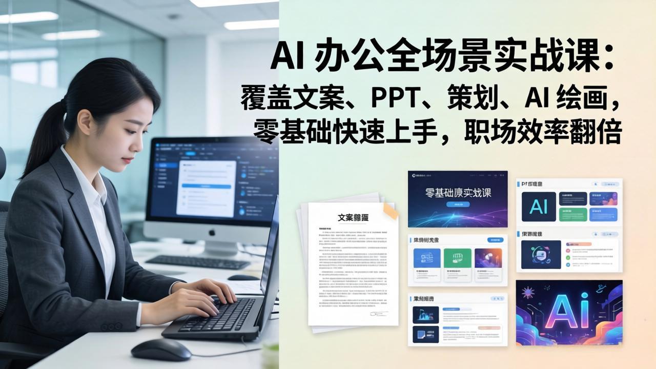 AI 办公全场景实战课：覆盖文案、PPT、策划、AI 绘画，零基础快速上手，职场效率翻倍-闲赋网
