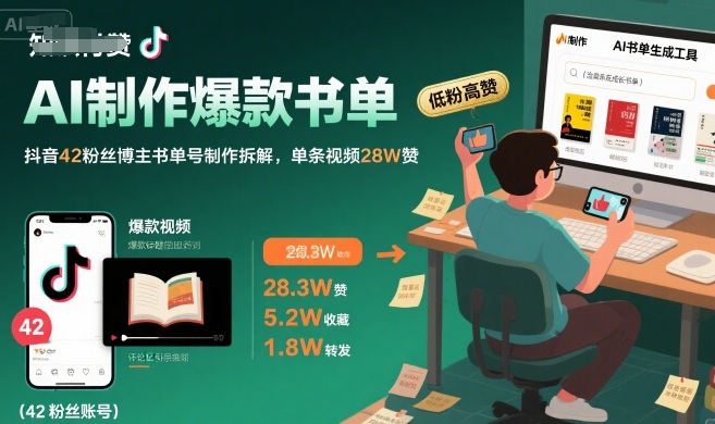 AI制作爆款书单，抖音42粉丝博主书单号制作拆解，单条视频28W赞-闲赋网