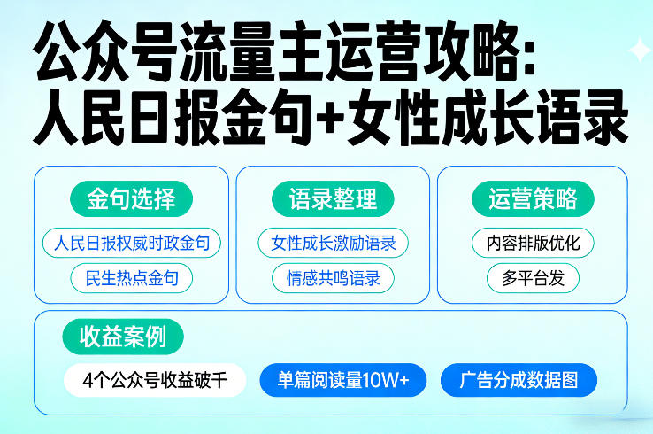 利用人民日报金句+女性成长语录做公众号流量主，4个公众号收益破千-闲赋网