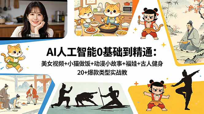 AI人工智能0基础到精通：美女视频+小猫做饭+动漫小故事+福娃+古人健身，20+爆款类型实战教学-闲赋网