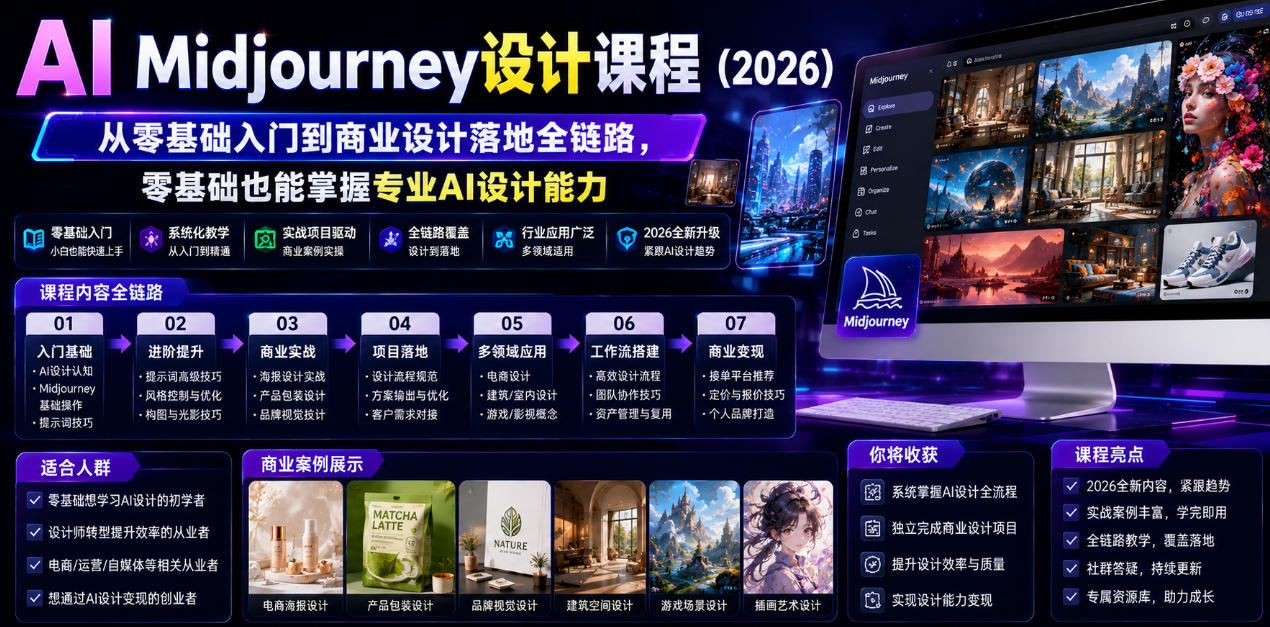 AI Midjourney设计课程(2026)，从零基础入门到商业设计落地全链路，零基础也能掌握专业AI设计能力(更新0913)-闲赋网