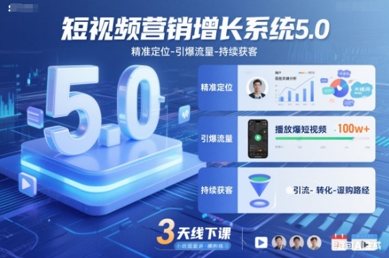 短视频营销增长系统5.0，精准定位-引爆流量-持续获客，3天线下课(音频+图片)-闲赋网