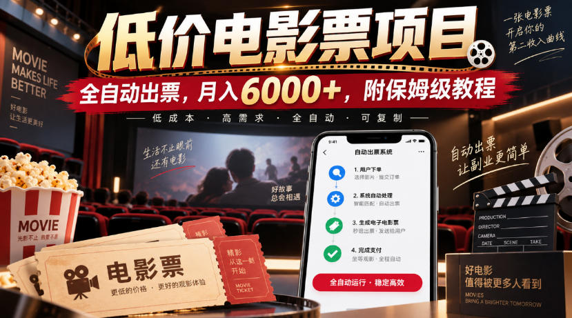 低价电影票项目，全自动出票，月入6000+，附保姆级教程【揭秘】-闲赋网