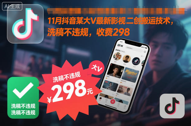 11月抖音某大V最新影视二创搬运技术，洗稿不违规，收费298-闲赋网