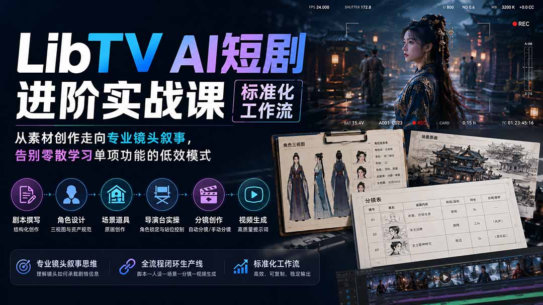 7c83e523bfeba79dc3251cb606bfb673.jpeg LibTV AI短剧进阶实操课标准化工作流;从素材创作走向专业镜头叙事,告别零散学习单项功能的低效模式