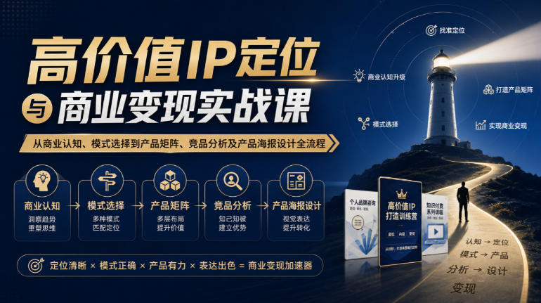 【无水印】高价值IP定位与商业变现实战课，从商业认知、模式选择到产品矩阵、竞品分析及产品海报设计全流程-闲赋网