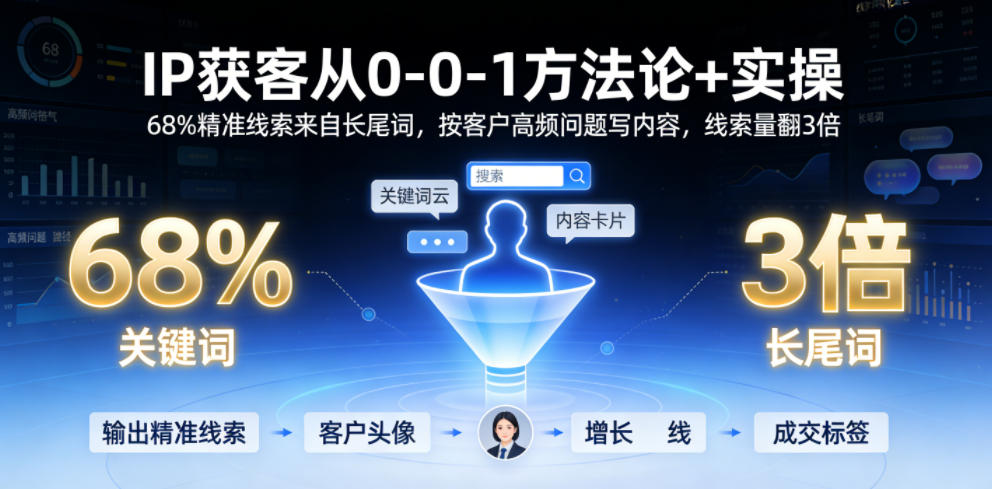 7de00dd15197e39a5e59367a43847b31.jpeg IP获客从0-1方法论+实操,68%精准线索来自长尾词,按客户高频问题写内容,线索量翻3倍