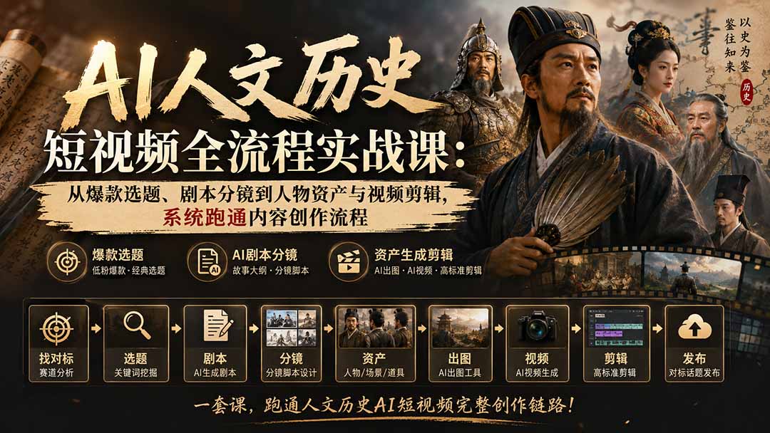 AI人文历史短视频全流程实战课：从爆款选题、剧本分镜到人物资产与视频剪辑，系统跑通内容创作流程-闲赋网
