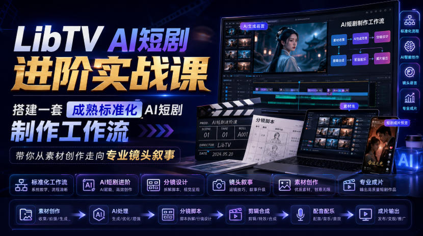 80541e4a8f4477ddef224ce73dff3b85.jpeg LibTV AI短剧进阶实战课,搭建一套成熟标准化AI短剧制作工作流,带你从素材创作走向专业镜头叙事