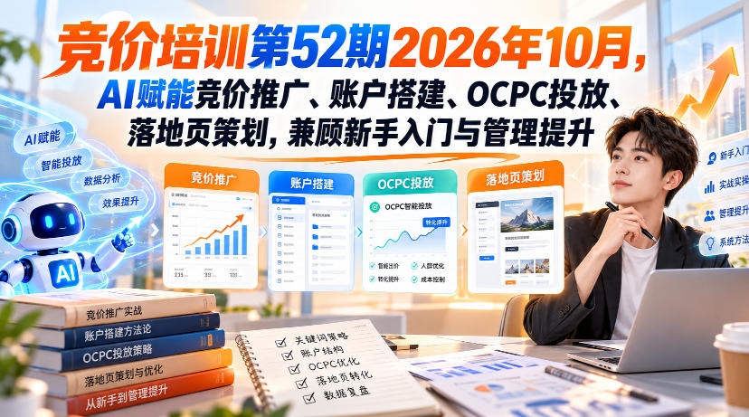 【无水印】竞价培训第52期2026年10月，AI赋能竞价推广、账户搭建、OCPC投放、落地页策划，兼顾新手入门与管理提升-闲赋网
