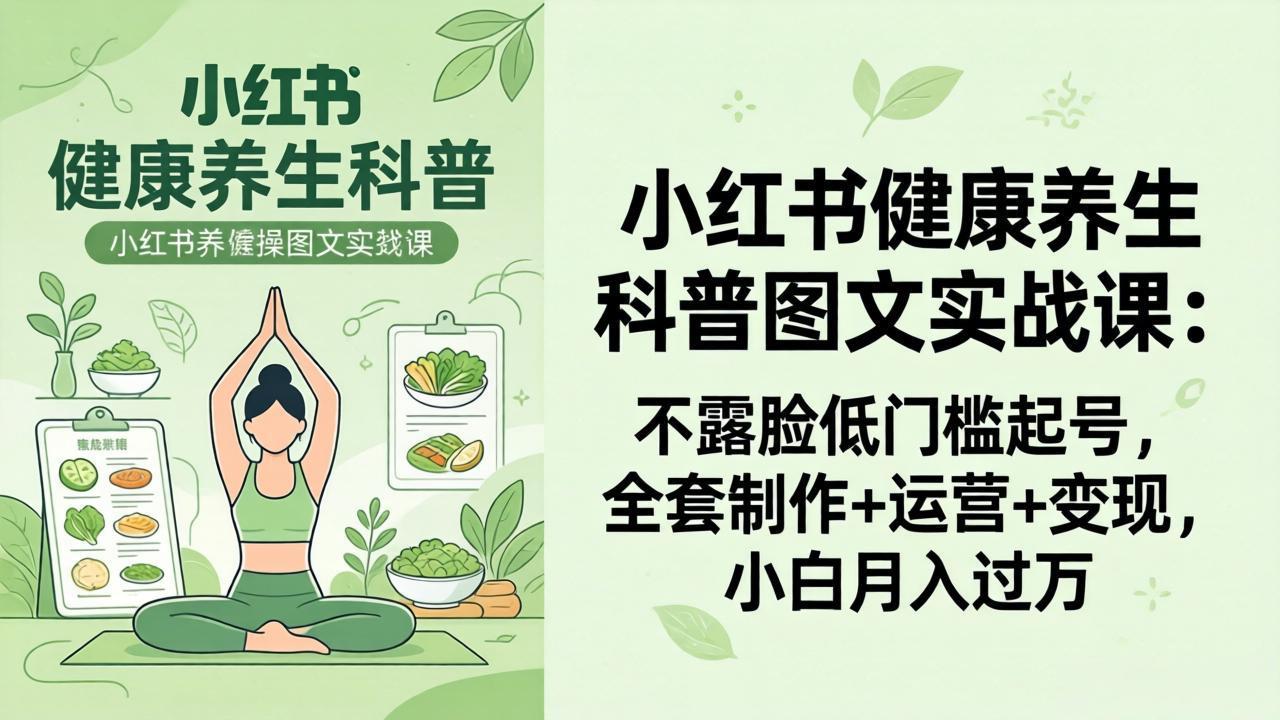 2026小红书健康养生科普图文实战课：不露脸低门槛起号，全套制作+运营+变现，小白月入过万-闲赋网