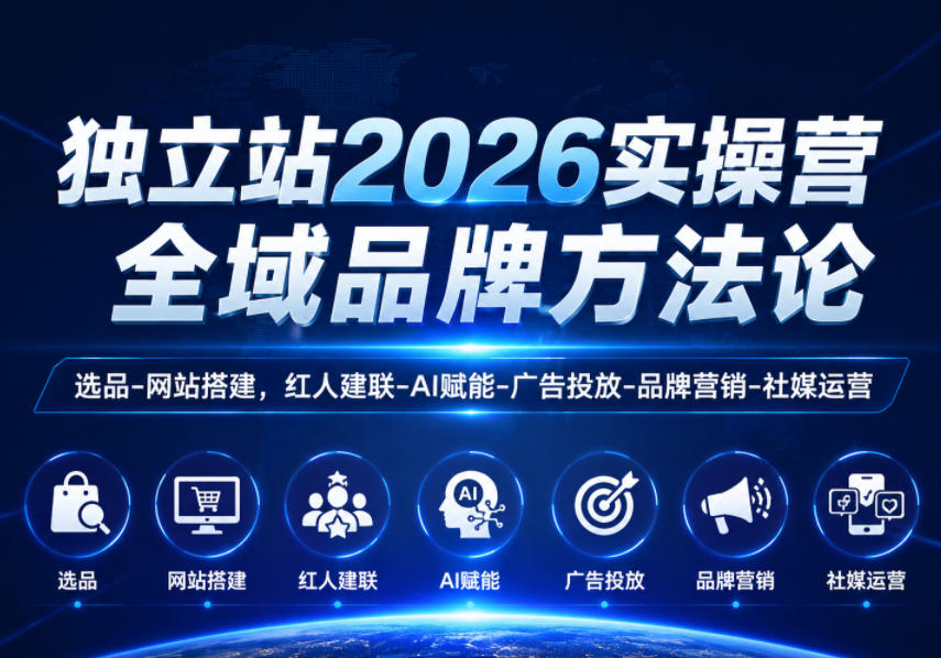 独立站2026实操营，全域品牌方法论，选品-网站搭建，红人建联-AI赋能-广告投放-品牌营销-社煤运营-闲赋网