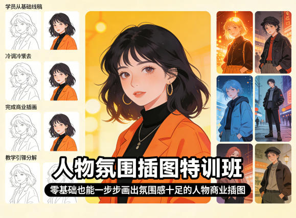 人物氛围插图特训班，零基础也能一步步画出氛围感十足的人物商业插图-闲赋网