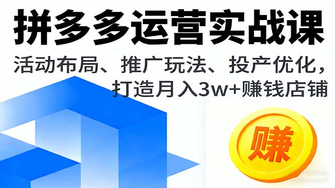 拼多多运营实战课，活动布局、推广玩法、投产优化，打造月入3w+赚钱店铺-闲赋网