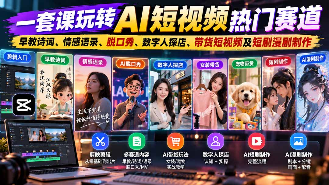 843383160b5aaa403e6e5131363c6e5f.jpeg 一套课玩转AI短视频热门赛道:早教诗词、情感语录、脱口秀、数字人探店、带货短视频及短剧漫剧制作 复制标题
