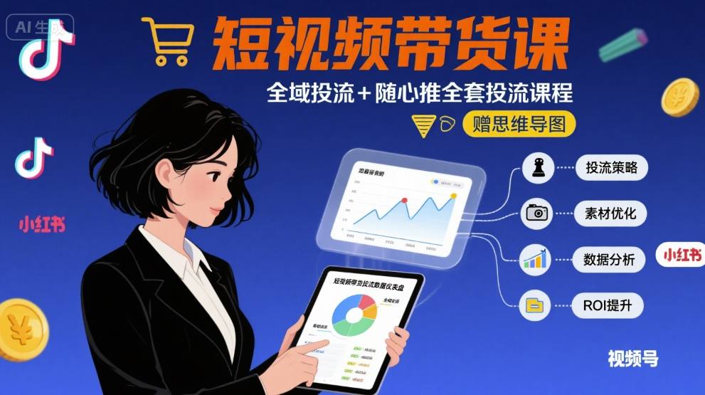 最新短视频带货课，全域投流+随心推全套投流课程+思维导图-闲赋网