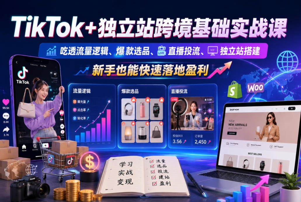 TikTok+独立站跨境基础实战课，吃透流量逻辑、爆款选品、直播投流与独立站搭建，新手也能快速落地盈利-闲赋网